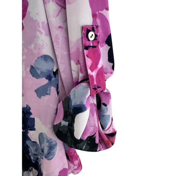 Alfani Pink Chiffon Watercolor Floral Print Roll Tab Sleeve Blouse Top Size 6 - Picture 2 of 8